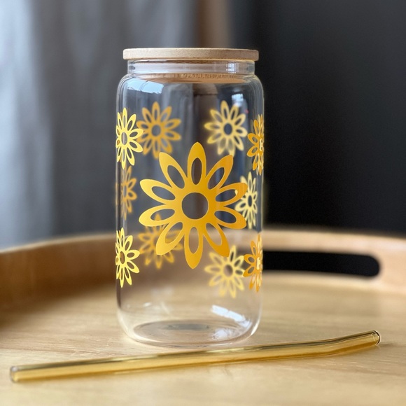 Libbey Iced Coffee Cup Yellow Vinyl Flowers - Picture 4 of 5